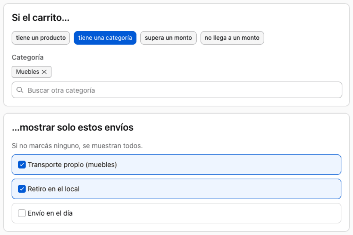 Editor de regla: condición tiene una categoría, Muebles, y dos envíos marcados