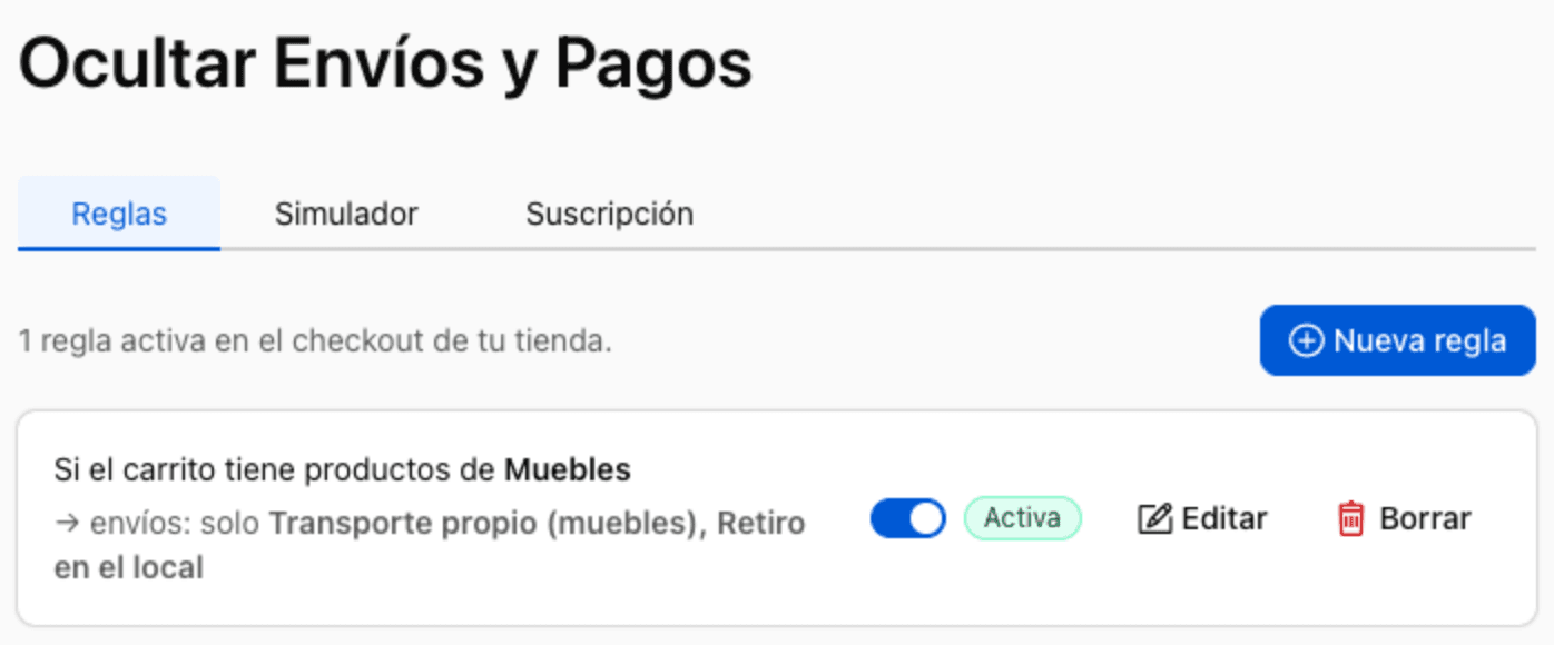 Pestaña Reglas con el botón Nueva regla y una regla activa